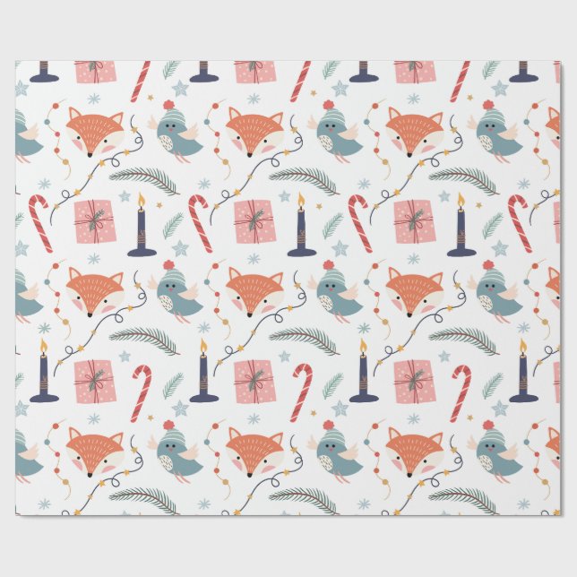Papel De Presente Raposa e Pássaro de Inverno Caprichoso Padrão de F (Aberto)