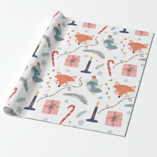 Papel De Presente Raposa e Pássaro de Inverno Caprichoso Padrão de F
