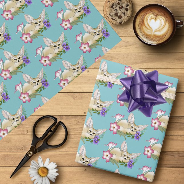 Papel De Presente Raposa Fennec Flores Rosa Roxo Fofo Boitanica Azul (Criador carregado)