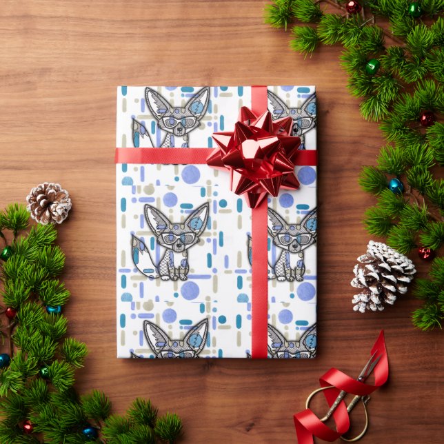 Papel De Presente Raposa Fennec Legal com Óculos de Sol Azul Geométr (Presente de Natal)