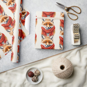 Papel De Presente Raposa Fofa com um Padrão de Outono de Cachecol Ve