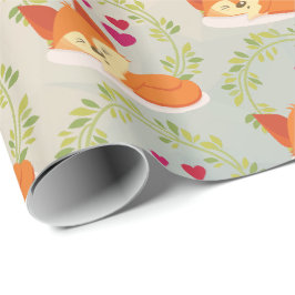 Papel De Presente Raposa Laranja com Corações Vermelhos e uma Vermel