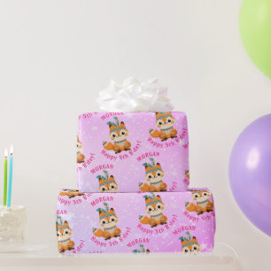 Papel De Presente Raposa, Nome e Aniversário, Rosa Pálido, Estrelas