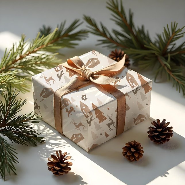 Papel De Presente Raposa, Veado e Aldeia de Cozinha (Woodland Animals Fox, Deer & Rabbit Cozy Village Wrapping Paper)