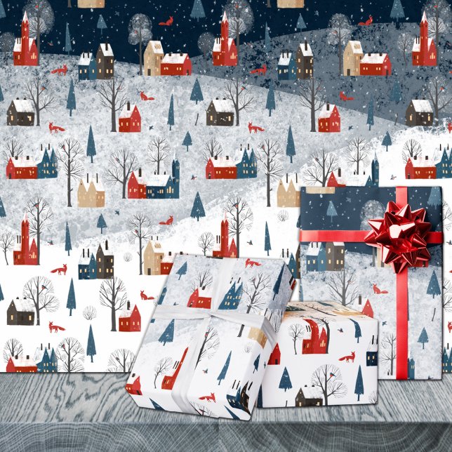Papel De Presente Raposa Vermelha da Aldeia Vermelha da Montanha Nór (Rustic Nordic Winter Mountain Village Red Fox Christmas Holiday Gift Wrapping Paper Rolls)