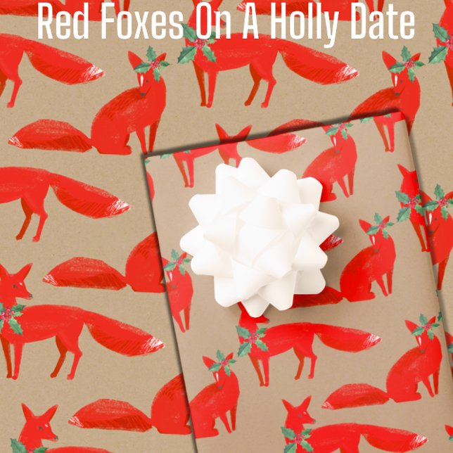 Papel De Presente Raposa Vermelha Rústica Kraft Em Um Encontro De Ho (Rustic Kraft Red Foxes On A Holly Date Christmas Gift Wrap Available in 6 & 15 foot long rolls)