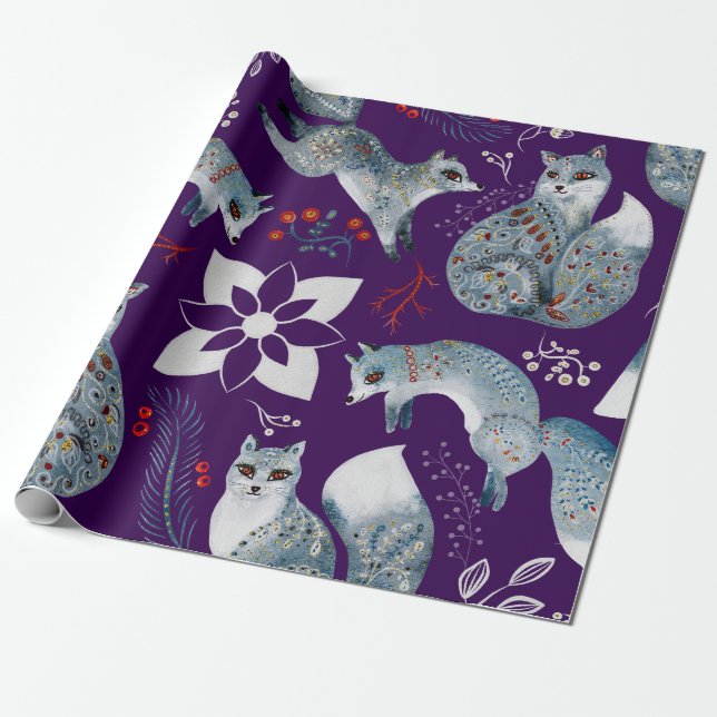 Papel De Presente Raposas azuis estilizadas com desenhos florais int (Desenrolado)