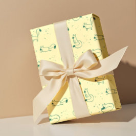 Papel De Presente Raposas Desenho Teal Caprichosas em Amarelo Mantei