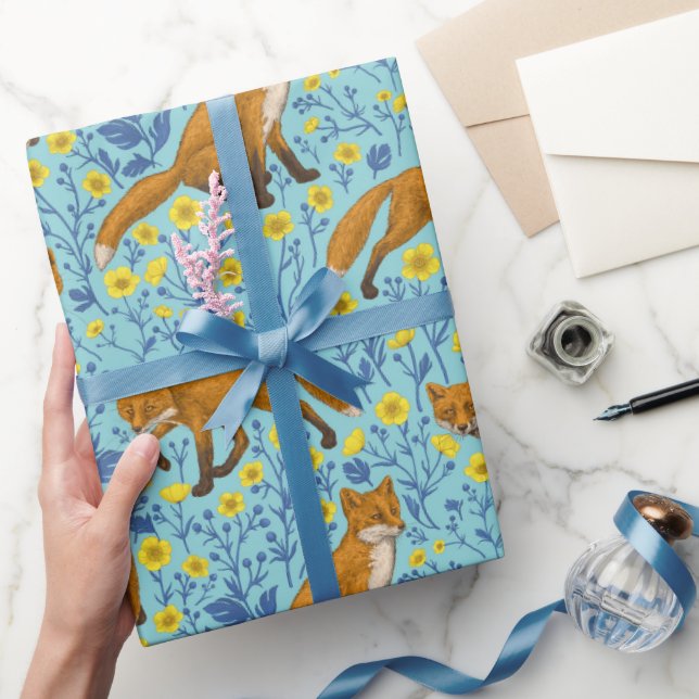 Papel De Presente Raposas e ampolas em azul-piscina (Presentear)