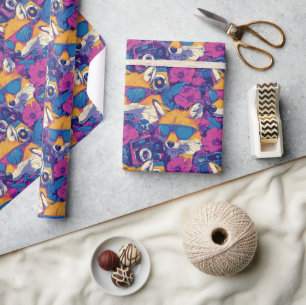 Papel De Presente Raposas legal com óculos de sol, câmeras e flores