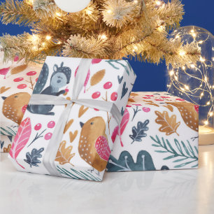 Papel De Presente Raposinha de Natal em Aquarela Florestal de Invern