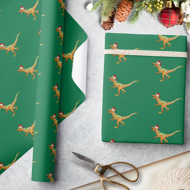 Papel De Presente Raptor de Dinossauro de Natal (Christmas dinosaur velociraptor Santa pattern green wrapping paper Cute raptor dino pattern)