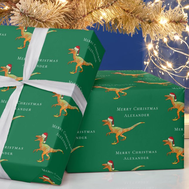 Papel De Presente Raptor do Dinossauro de Natal do Nome Personalizad (Personalized boy name merry Christmas dinosaur raptor green gift wrap Santa Velociraptor dino)