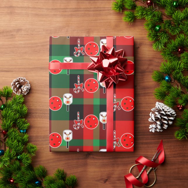 Papel De Presente Raque de Pickleball Natal Alegria Xadrez Vermelho  (Presente de Natal)