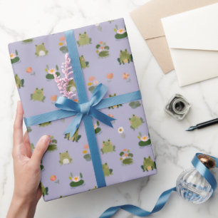 Papel De Presente Rãs e Folhas de Nenúfar em Cinza-Roxo Claro