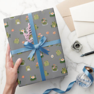 Papel De Presente Rãs & Folhas de Nenúfar em Cinza