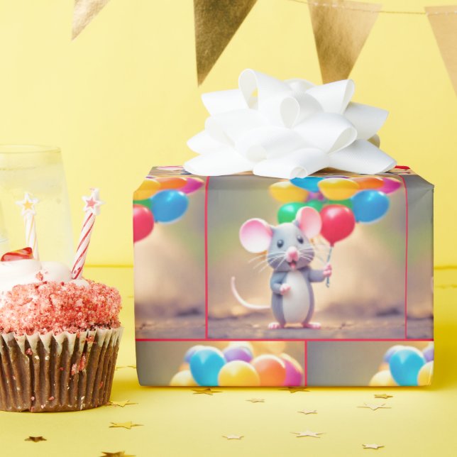 Papel De Presente Rato Com Balões De Aniversário (Festa de aniversário)