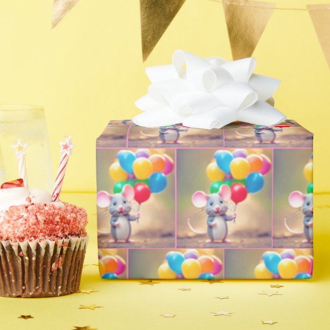 Papel De Presente Rato de aniversário com balões (Festa de aniversário)