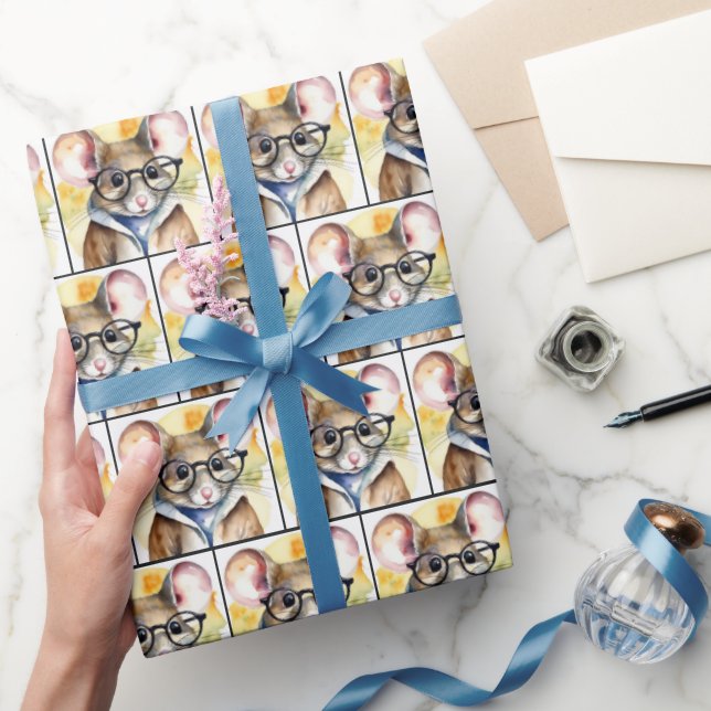 Papel De Presente Rato De Aquarela Com Óculos (Presentear)