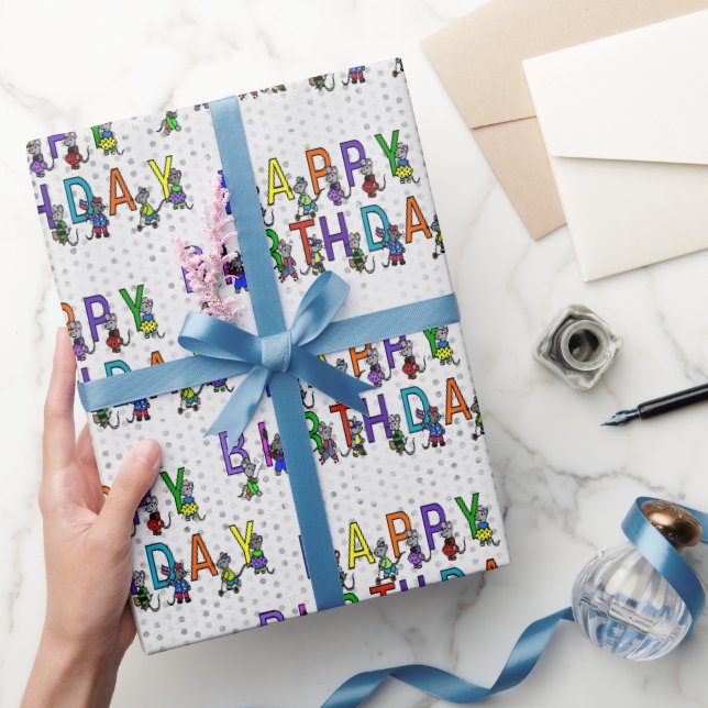 Papel De Presente Ratos divertidos de aniversário com bolinhas  (Presentear)