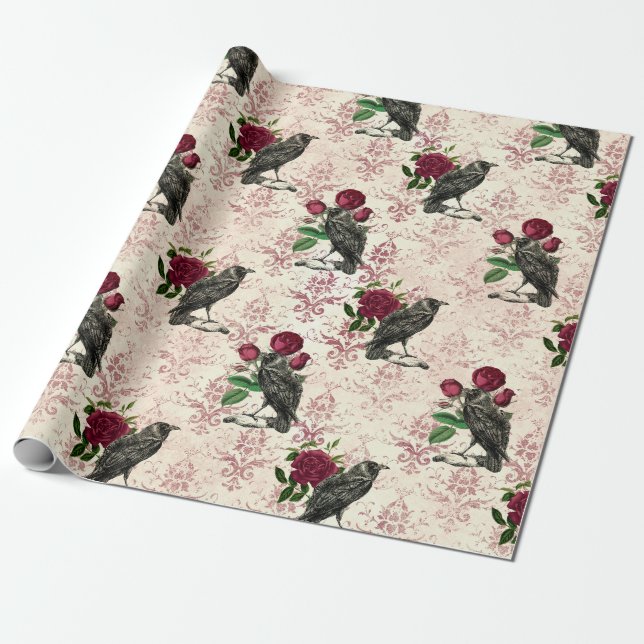 Papel De Presente Raven e Rosas Damask (Desenrolado)