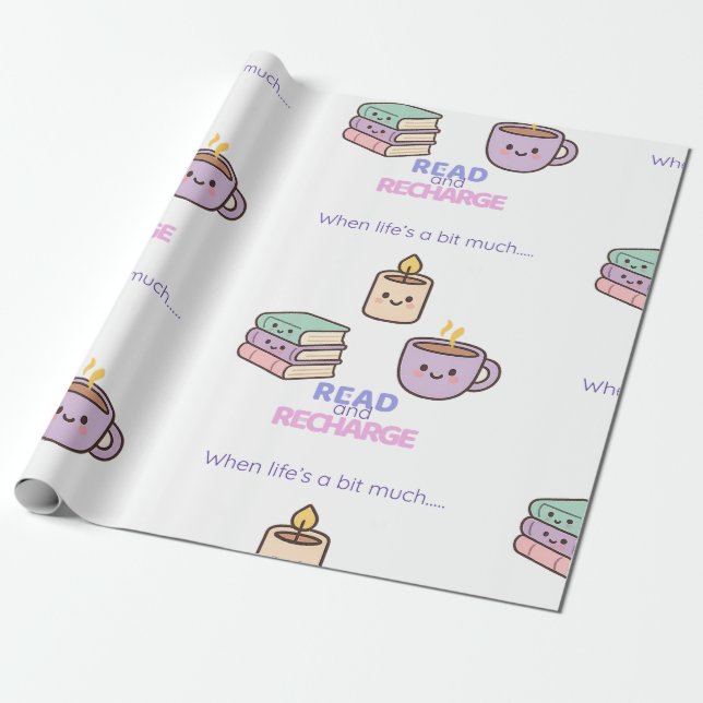 Papel De Presente Read And Recharge Wrapping Paper Kawaii Book Lover (Desenrolado)