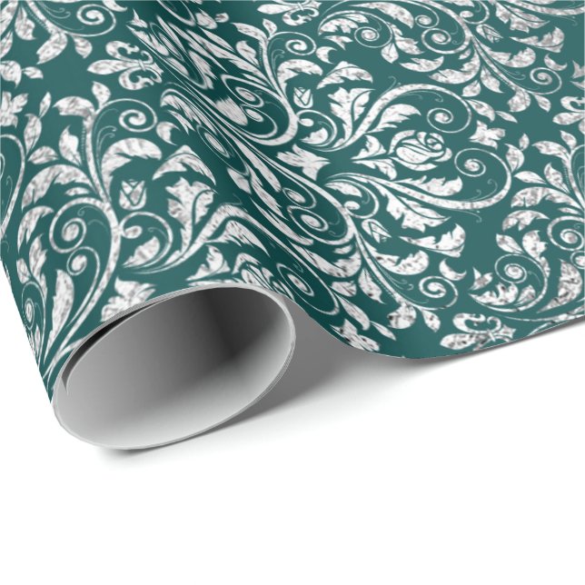 Papel De Presente Real Ornament Damask Teal Silver Vip (Ponta do rolo)