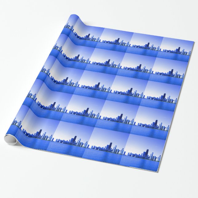 Papel De Presente Realces em Azul Real da Silhueta de Chicago (Desenrolado)