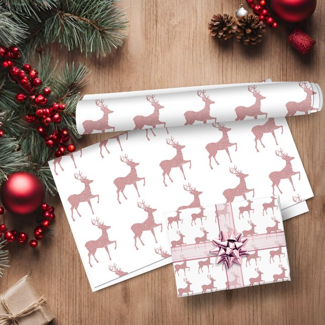 Papel De Presente Rebelde de Feriado Dourada Rosa Rosa Elegante Rosa (Elegant Pink Rose Gold Glitter Holiday Reindeer Wrapping Paper)