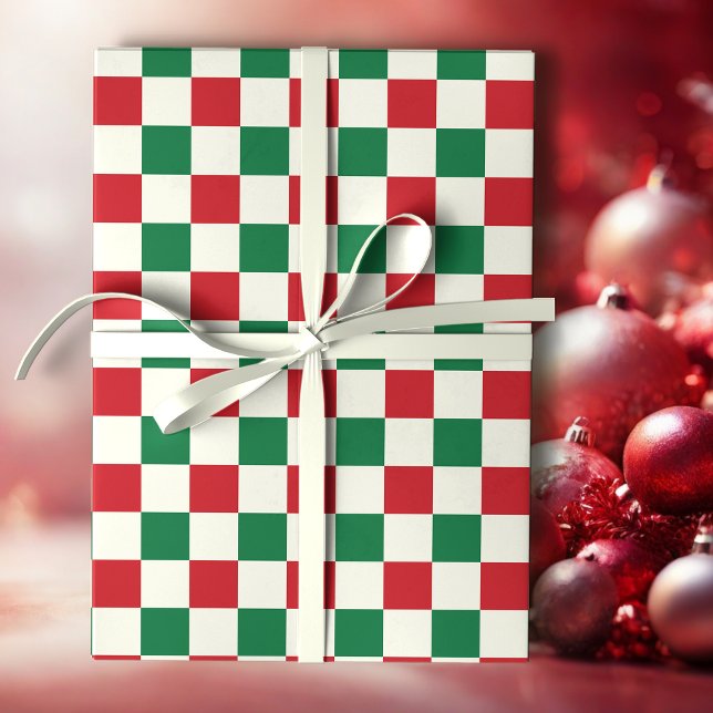 Papel De Presente Red and Green Retro Holiday Check Pattern (Criador carregado)