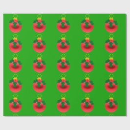 Papel De Presente Red and Holly Ornament on Green Wrappaper