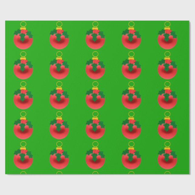 Papel De Presente Red and Holly Ornament on Green Wrappaper (Aberto)
