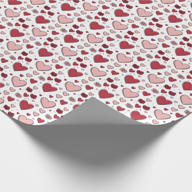Papel De Presente Red and Pink Hearts and Roses Doodle Art (Ponta)