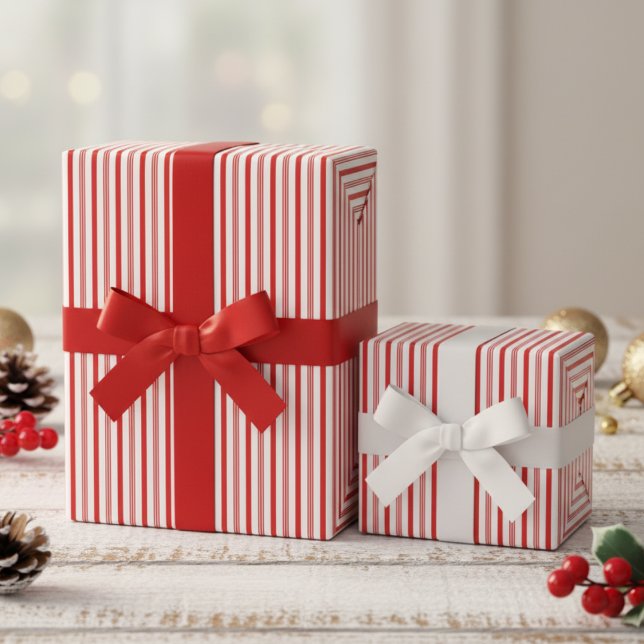 Papel De Presente Red and White Candy Cane Pinstripe Pattern (Cute Red and White Candy Cane Pinstripe Pattern for Christmas. Modern Thin Red Stripes for Chic Xmas)