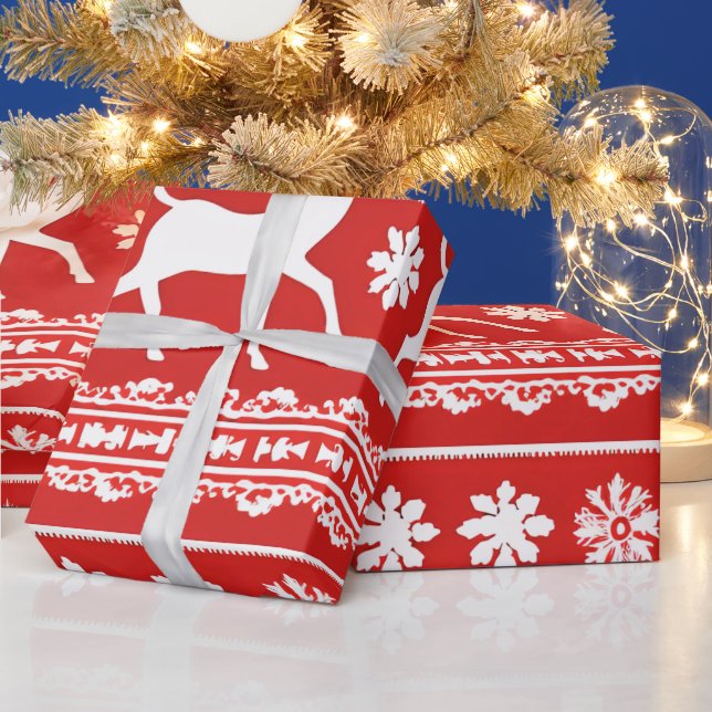 Papel De Presente Red and White Reindeer Floral Moderno Natal (Feriados)