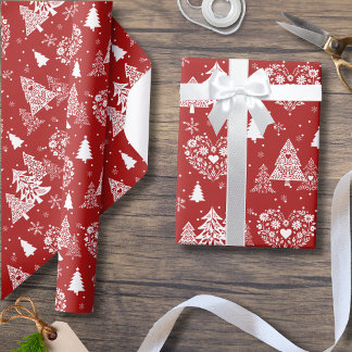 Papel De Presente Red and White Scandinavian Heart & Christmas Tree