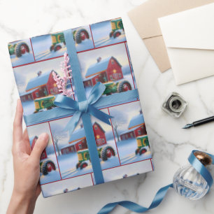 Papel De Presente Red Barn Natal Com Trator Verde