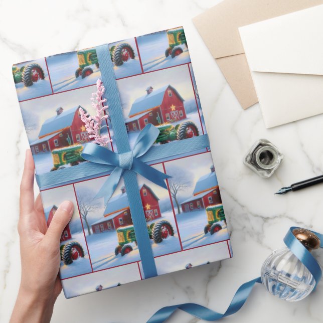 Papel De Presente Red Barn Natal Com Trator Verde (Presentear)