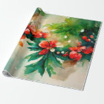 Papel De Presente Red Berries Greenery Christmas Floral Watercolor<br><div class="desc">O papel de embrulho de Natal representa um elegante design de cor da água floral com frutos vermelhos a negrito e verde.</div>