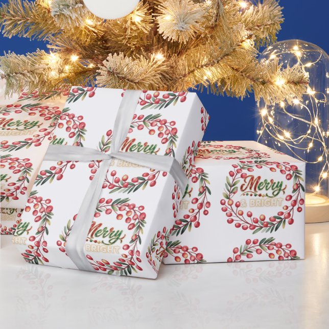 Papel De Presente Red Berry Wreath Merry & Bright (Feriados)