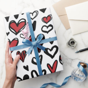 Papel De Presente Red Black White Pattern Heart Valentine Day