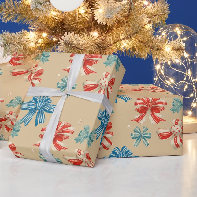 Papel De Presente Red, Blue, Green, White Bow Pattern (Feriados)