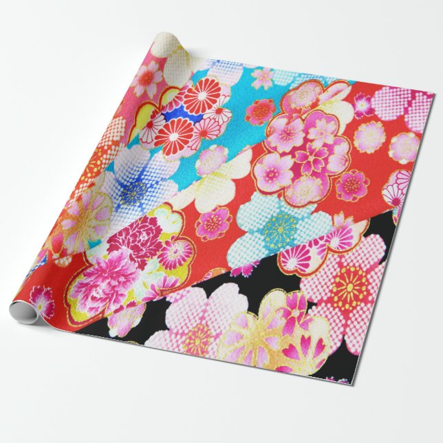 Papel De Presente Red Blue Pink Japonês Kimono Floral Decoupage (Desenrolado)