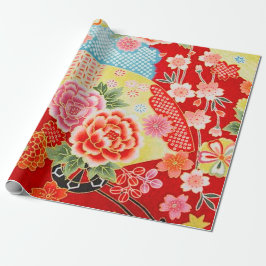 Papel De Presente Red Blue Yellow Japonês Kimono Floral Decoupage