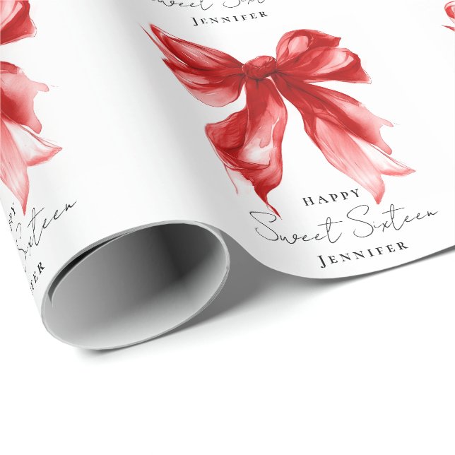 Papel De Presente Red Bow Coquette Script Sweet 16 Party  (Ponta do rolo)