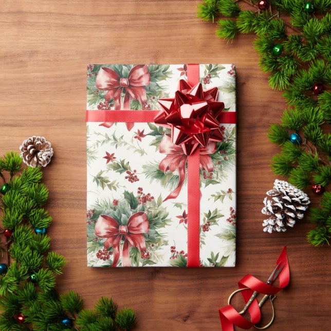 Papel De Presente Red Bows and Holly Leaves (Presente de Natal)