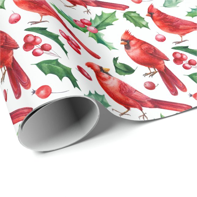 Papel De Presente Red Cardinal Birds Holly Berry Brunch (Ponta do rolo)