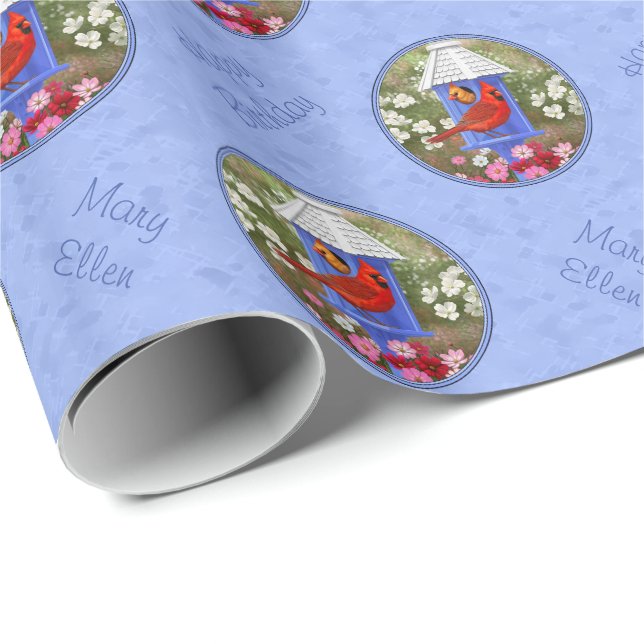 Papel De Presente Red Cardinals Bird House Flor Garden Blue (Ponta do rolo)