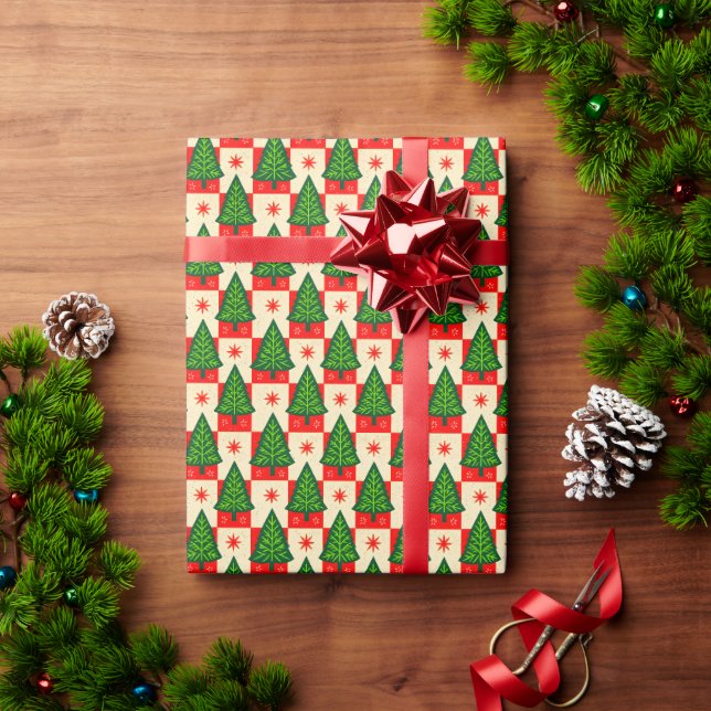 Papel De Presente Red Checks with Trees Country (Presente de Natal)