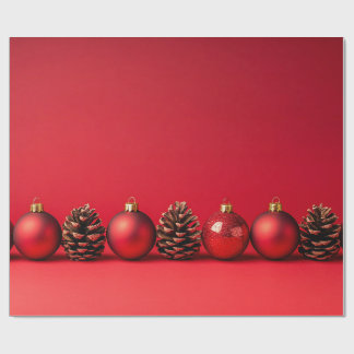Papel De Presente Red Christmas Balls and Pinecones 